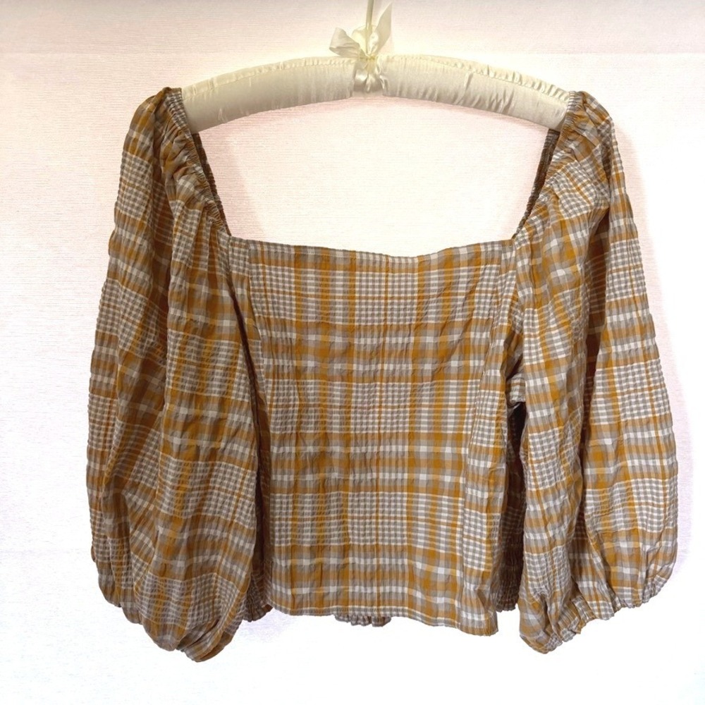 Maeve Anthropologie Plaid Puff Sleeve Blouse Yellow Grey Square Neck XL NEW